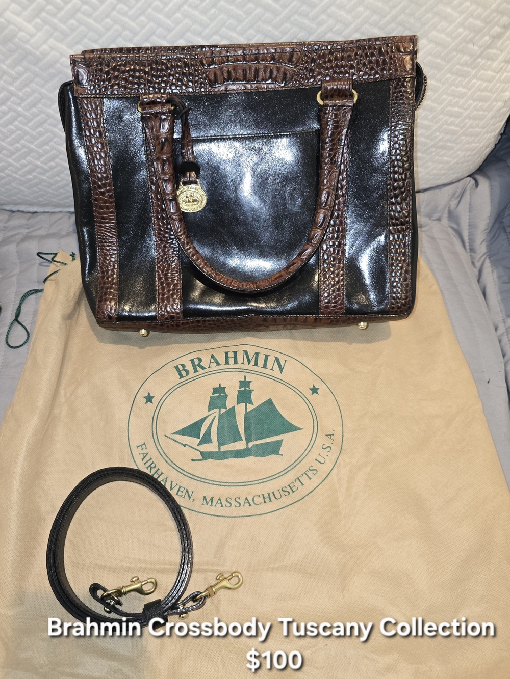 Brahmin Black & Dark Brown Leather Satchel